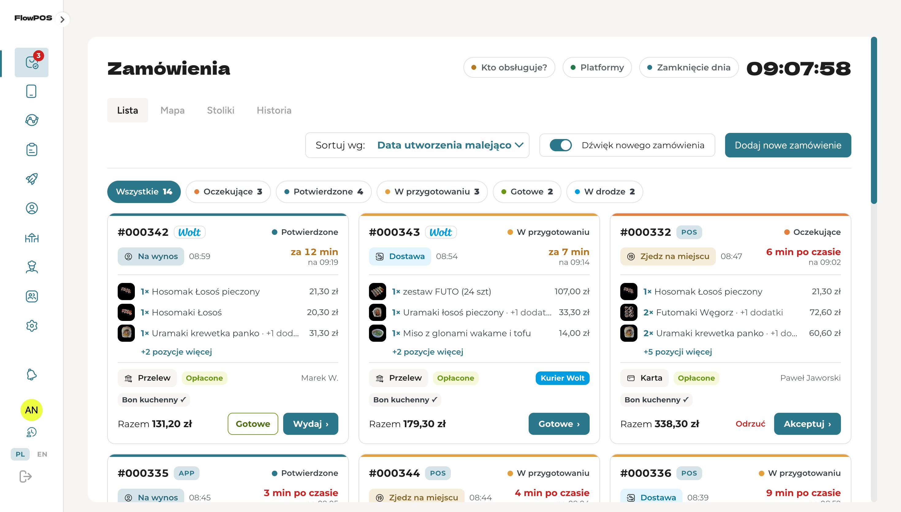 Lista zamówień we FlowPOS: zamówienie z Wolta obok zamówień z sali, ze strony i z aplikacji (lokal demo)